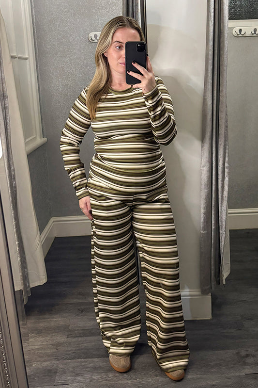 Olive Green Striped Ruched Side Loungesuit