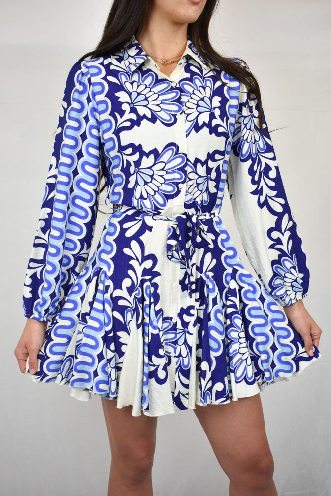 Blue & White Patterned Belted Dress