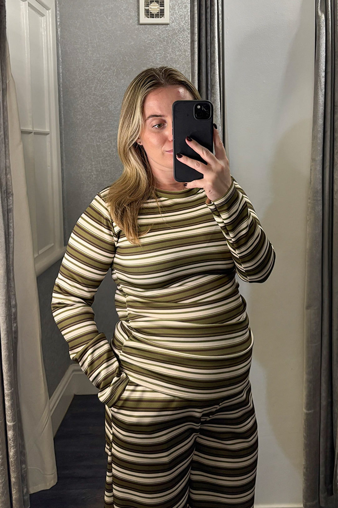 Olive Green Striped Ruched Side Loungesuit