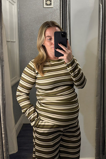 Olive Green Striped Ruched Side Loungesuit