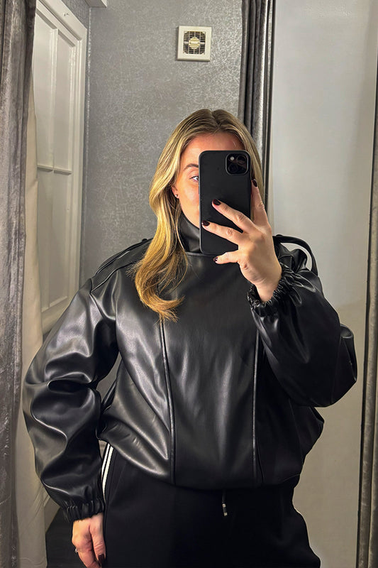 Black Funnel Neck Faux Leather Jacket