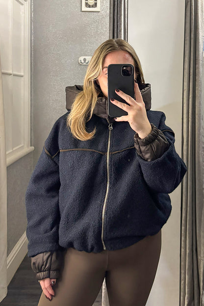 Navy Borg Zip Up Jacket with Padded Hood