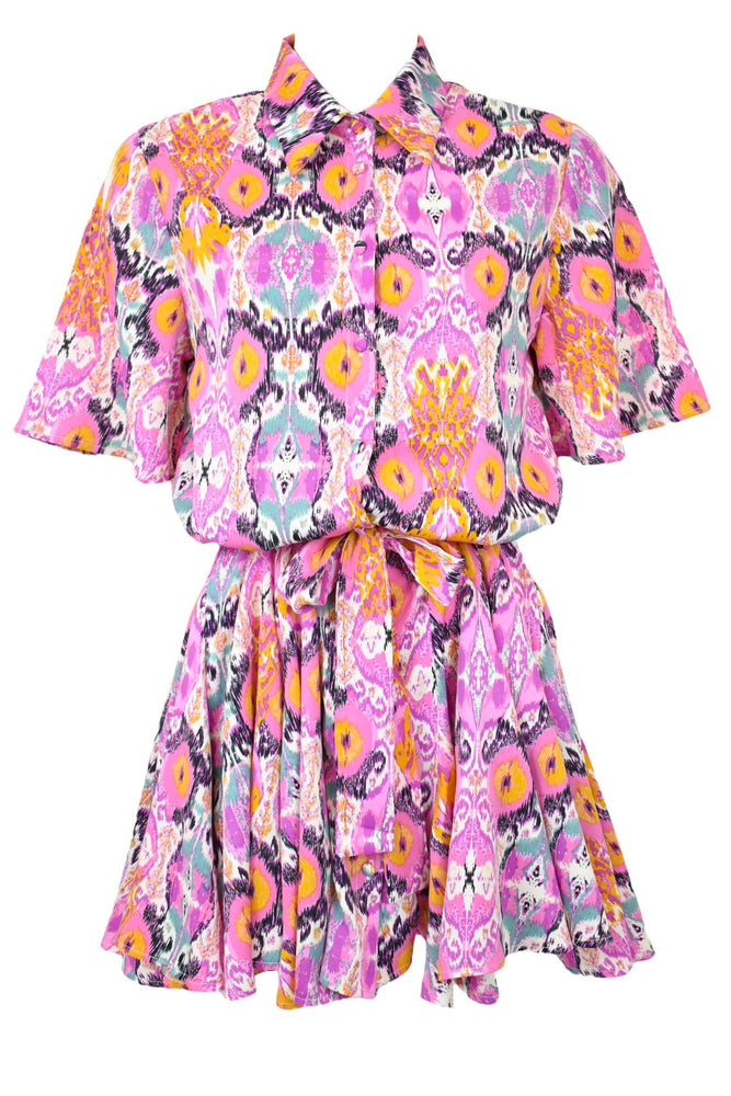 Pink Multi Tribal Print Belted Flared Dress