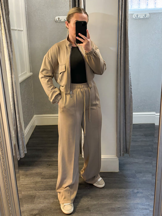 Taupe Bomber Jacket Wide Leg Loungesuit