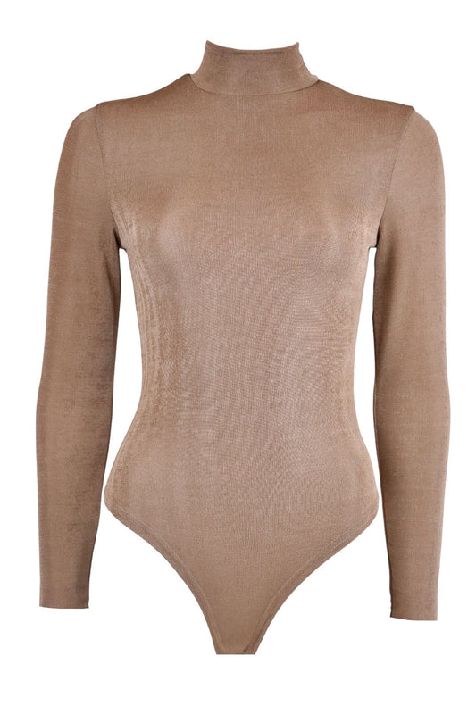 Taupe High Neck Long Sleeve Bodysuit