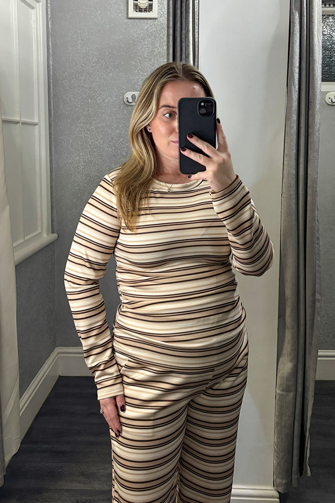 Beige Striped Ruched Side Loungesuit