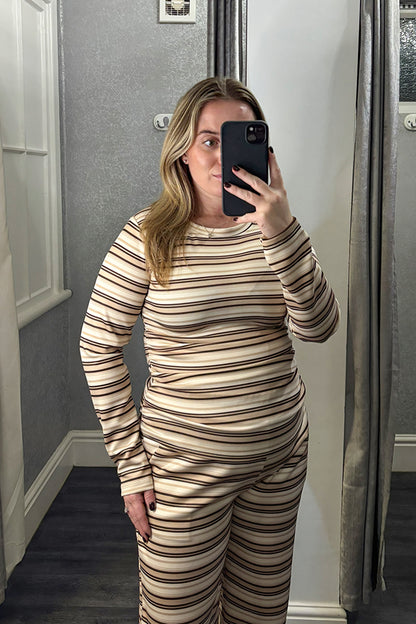 Beige Striped Ruched Side Loungesuit