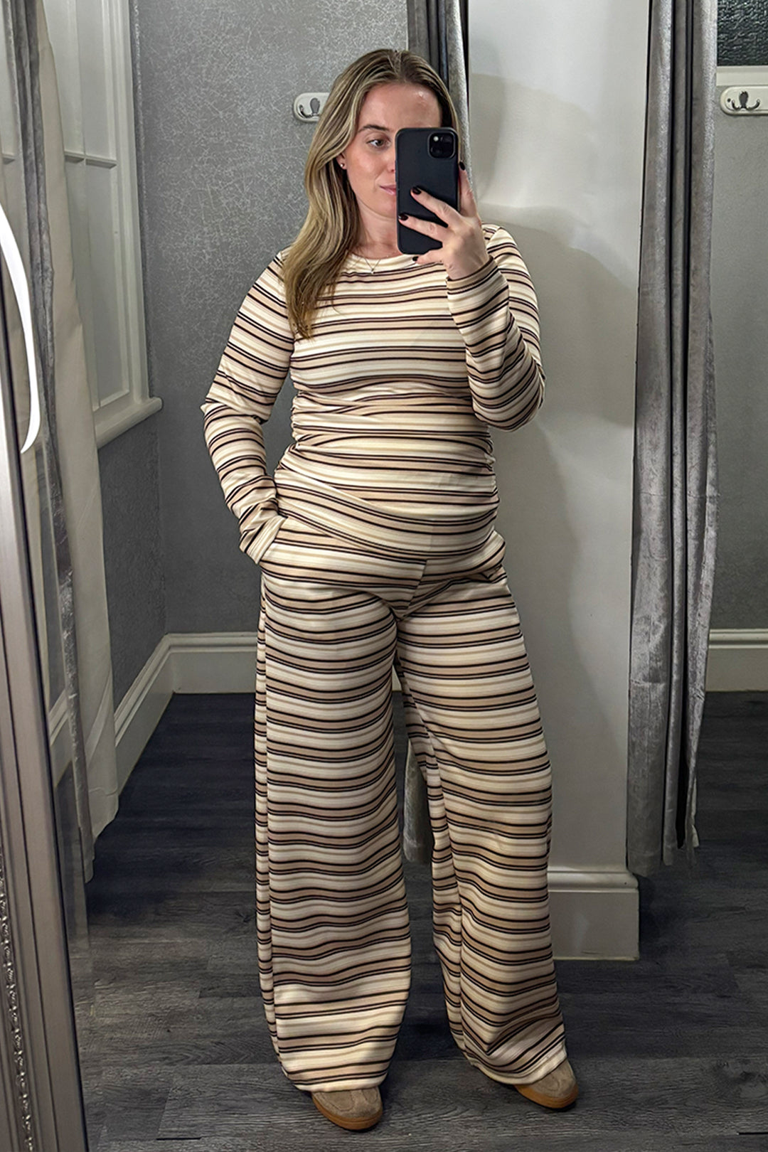 Beige Striped Ruched Side Loungesuit
