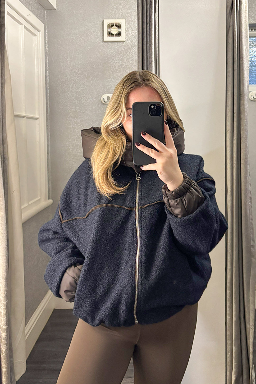Navy Borg Zip Up Jacket with Padded Hood