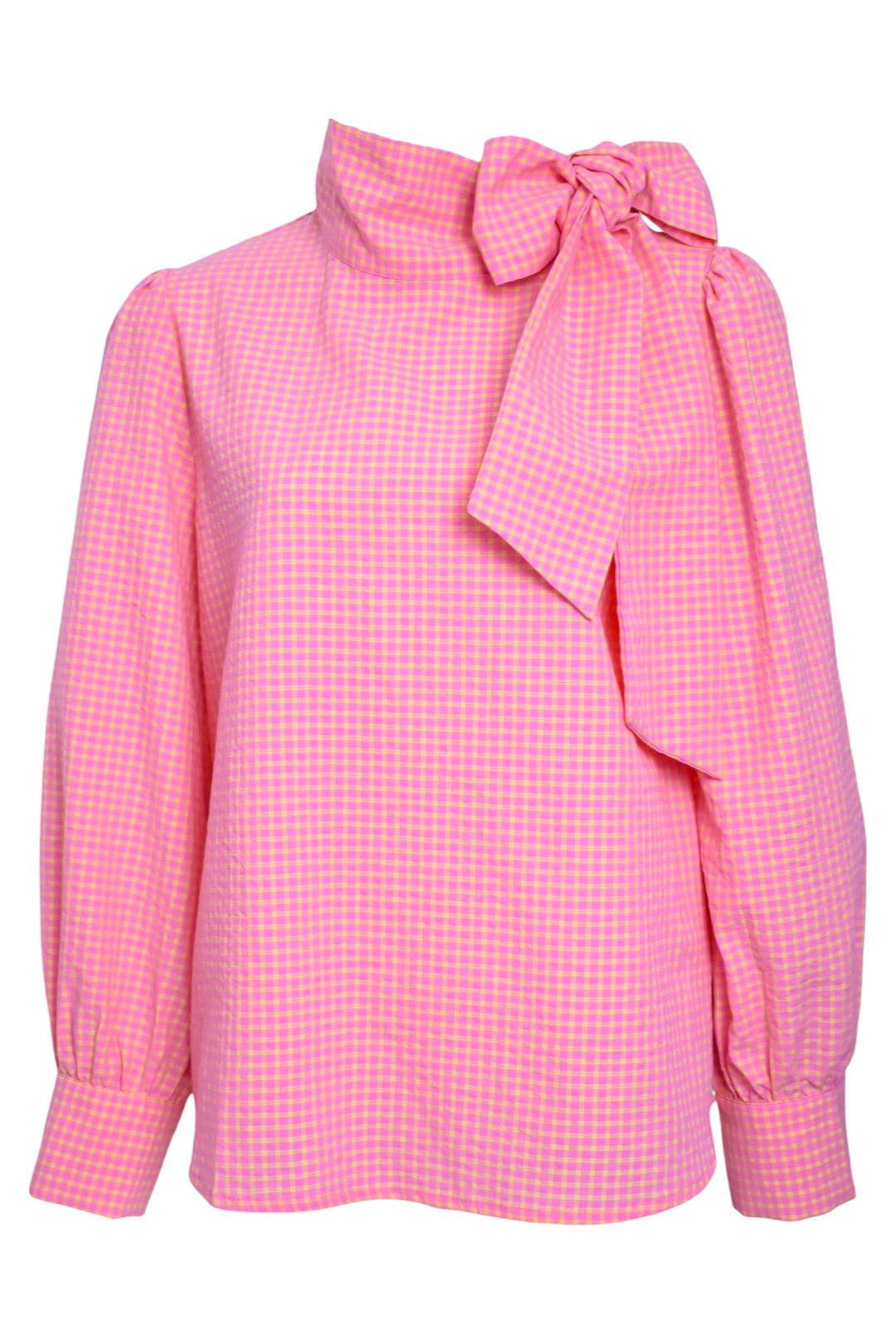 Pink & Lemon Checked Tie Neck Blouse