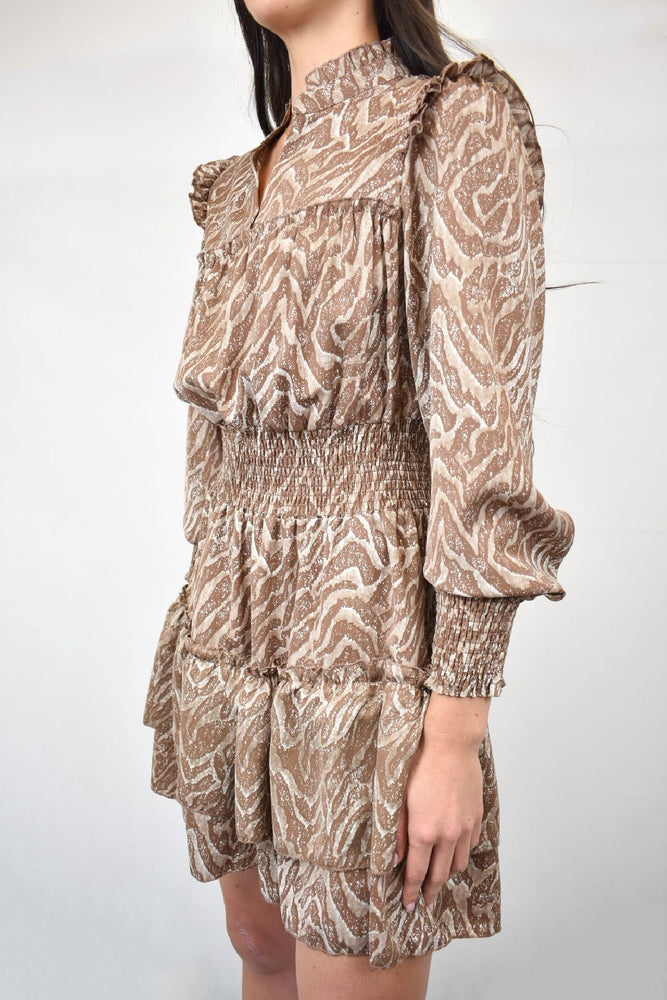 Brown & Taupe Print Tiered Dress