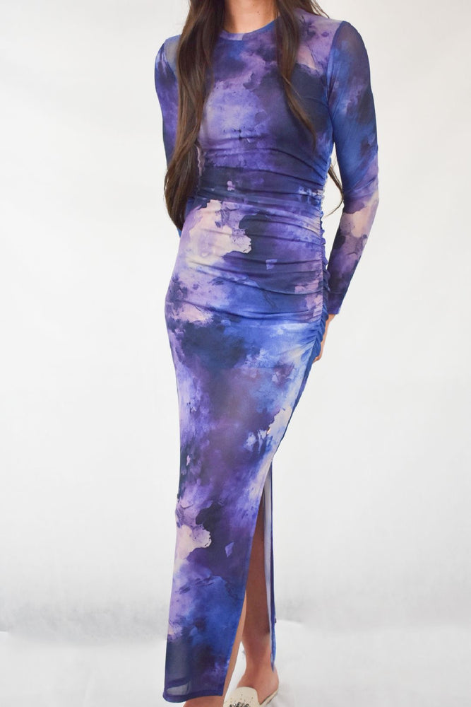 Blue & Purple Sheer Ruched Side Dress