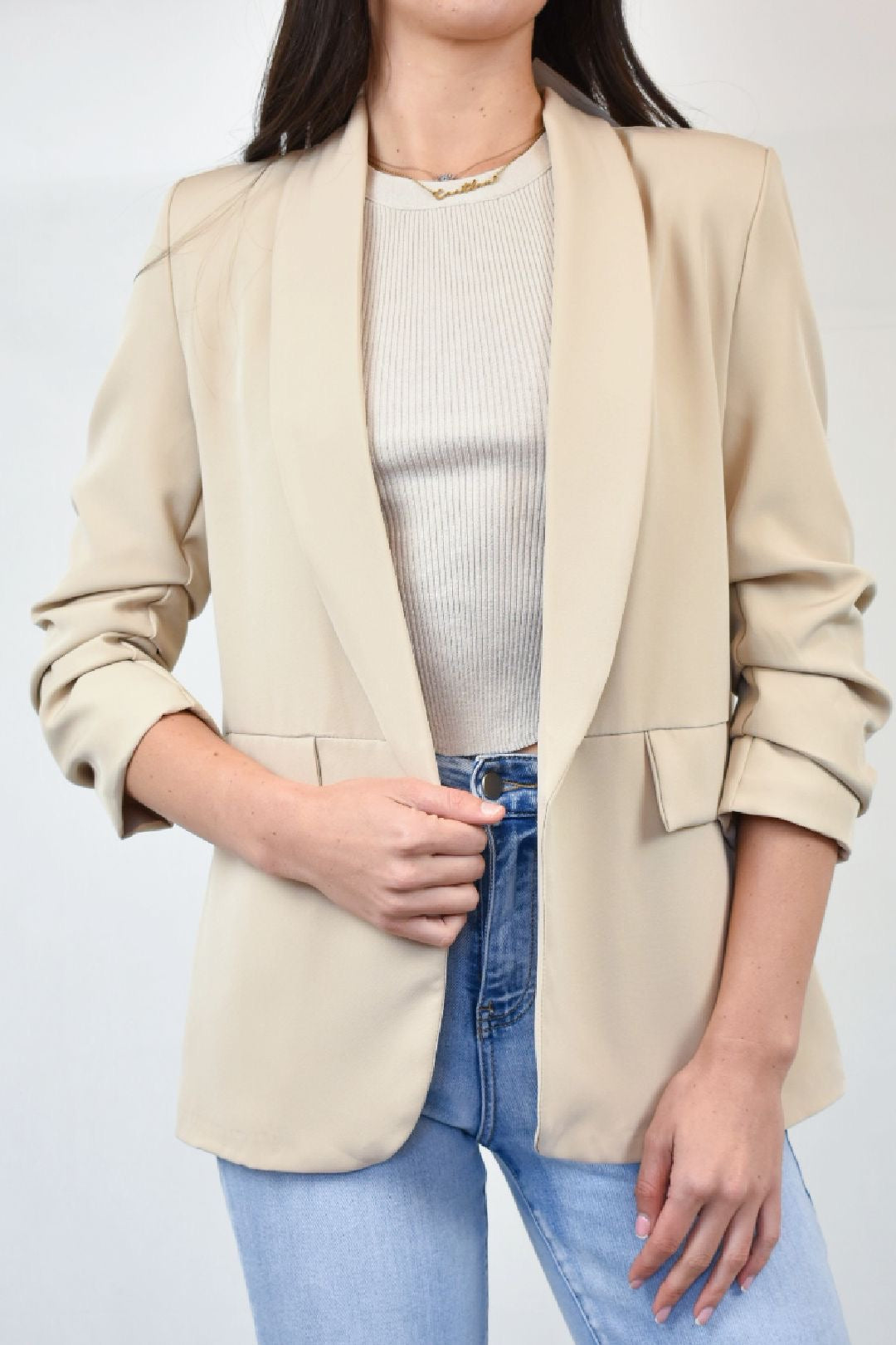 Beige Ruched Sleeve Blazer Model