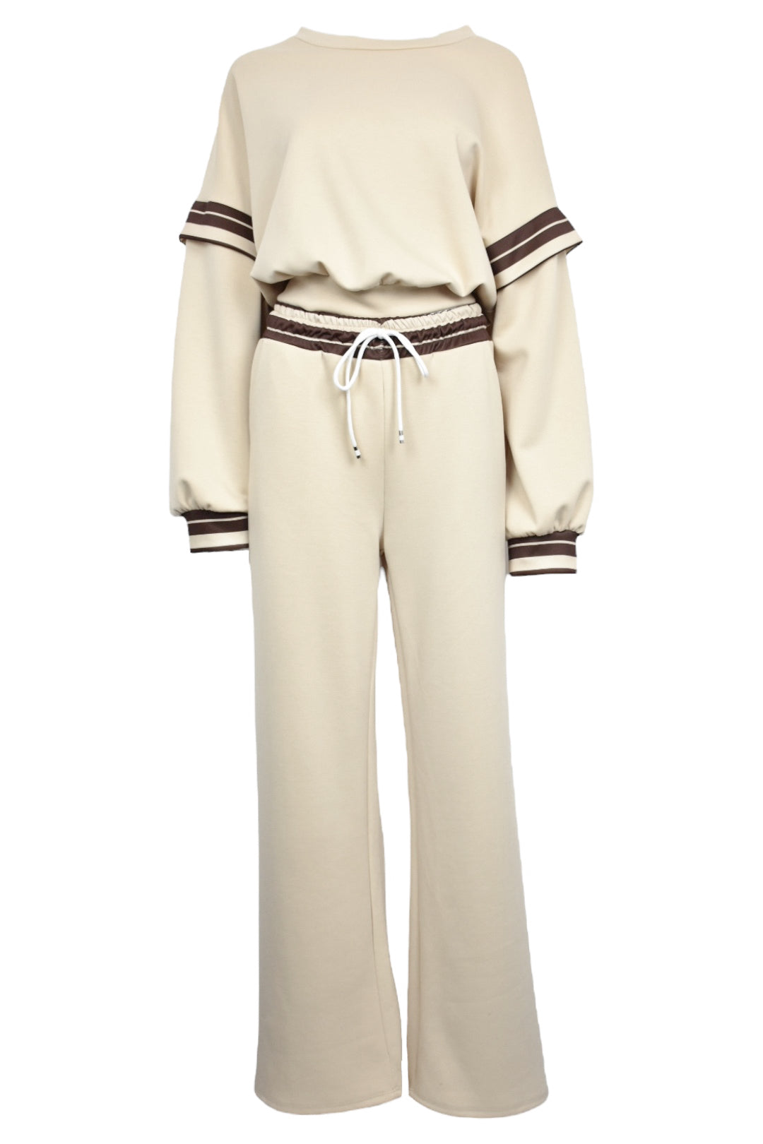 Beige Striped Dropped Sleeve Loungesuit