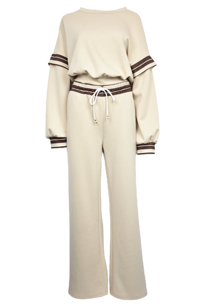 Beige Striped Dropped Sleeve Loungesuit