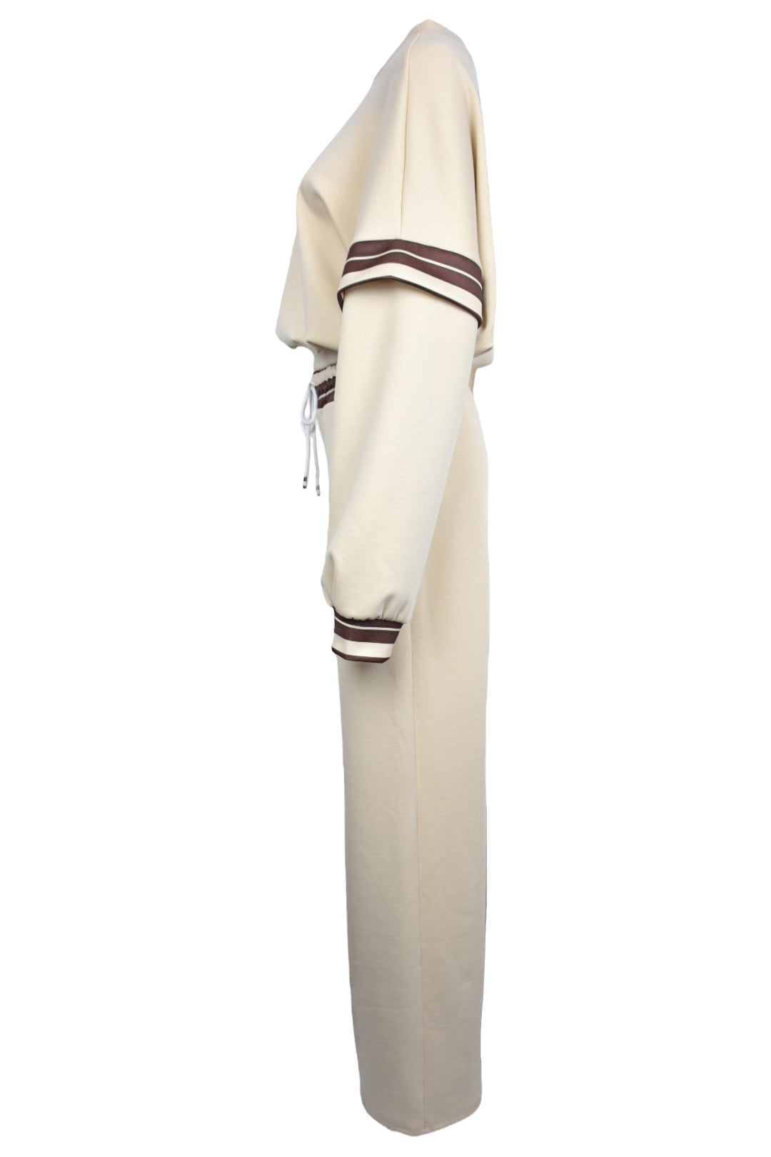 Beige Striped Dropped Sleeve Loungesuit