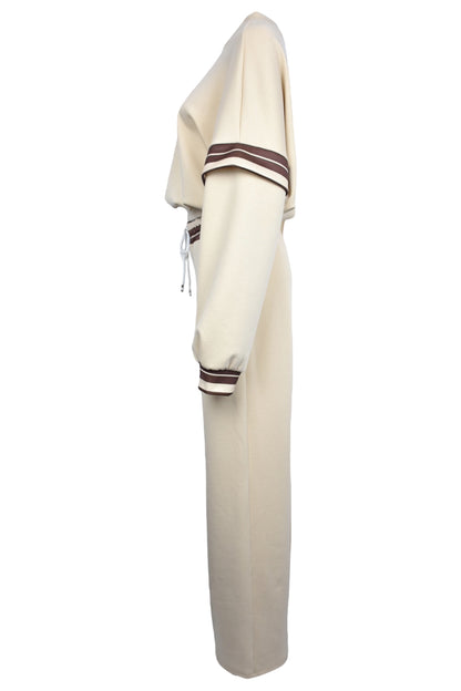 Beige Striped Dropped Sleeve Loungesuit