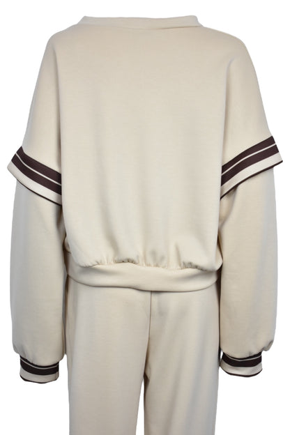 Beige Striped Dropped Sleeve Loungesuit