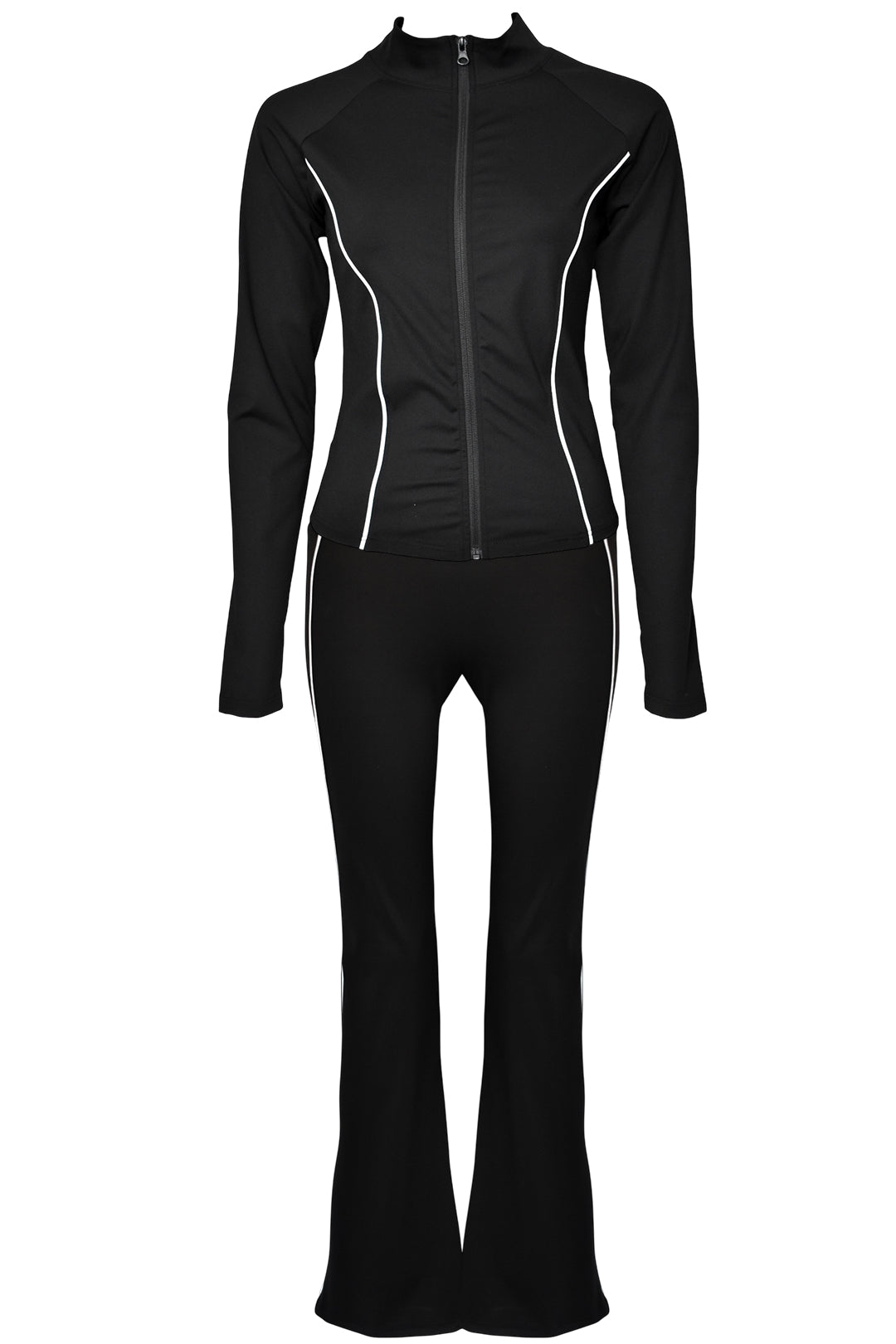 Black Active Contrast Piping Zipped Jacket & Flares Set