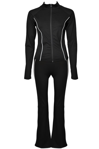 Black Active Contrast Piping Zipped Jacket & Flares Set