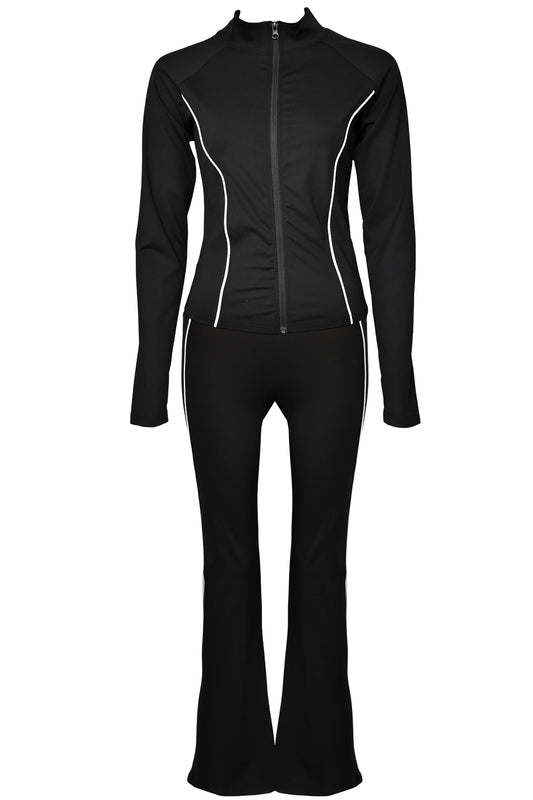 Black Active Contrast Piping Zipped Jacket & Flares Set