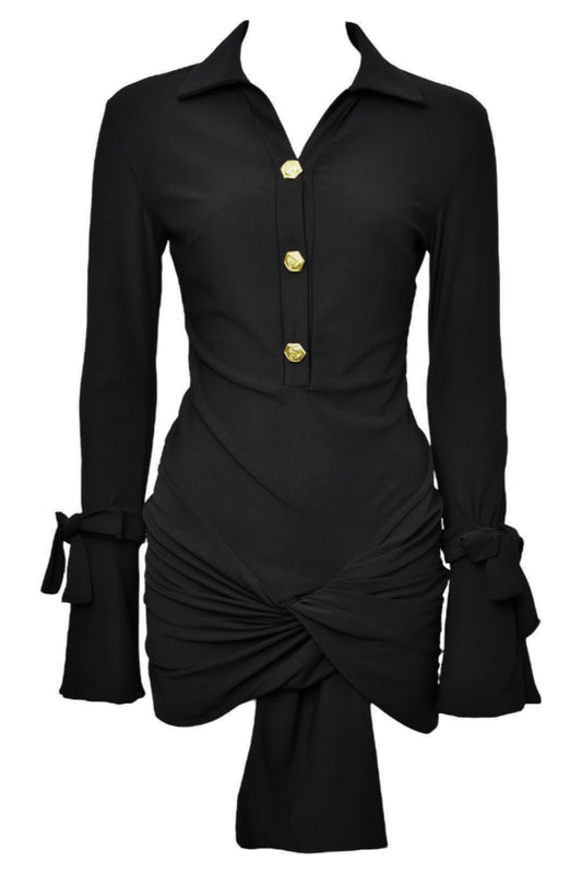 Black Cross Over Drape Shirt Dress 