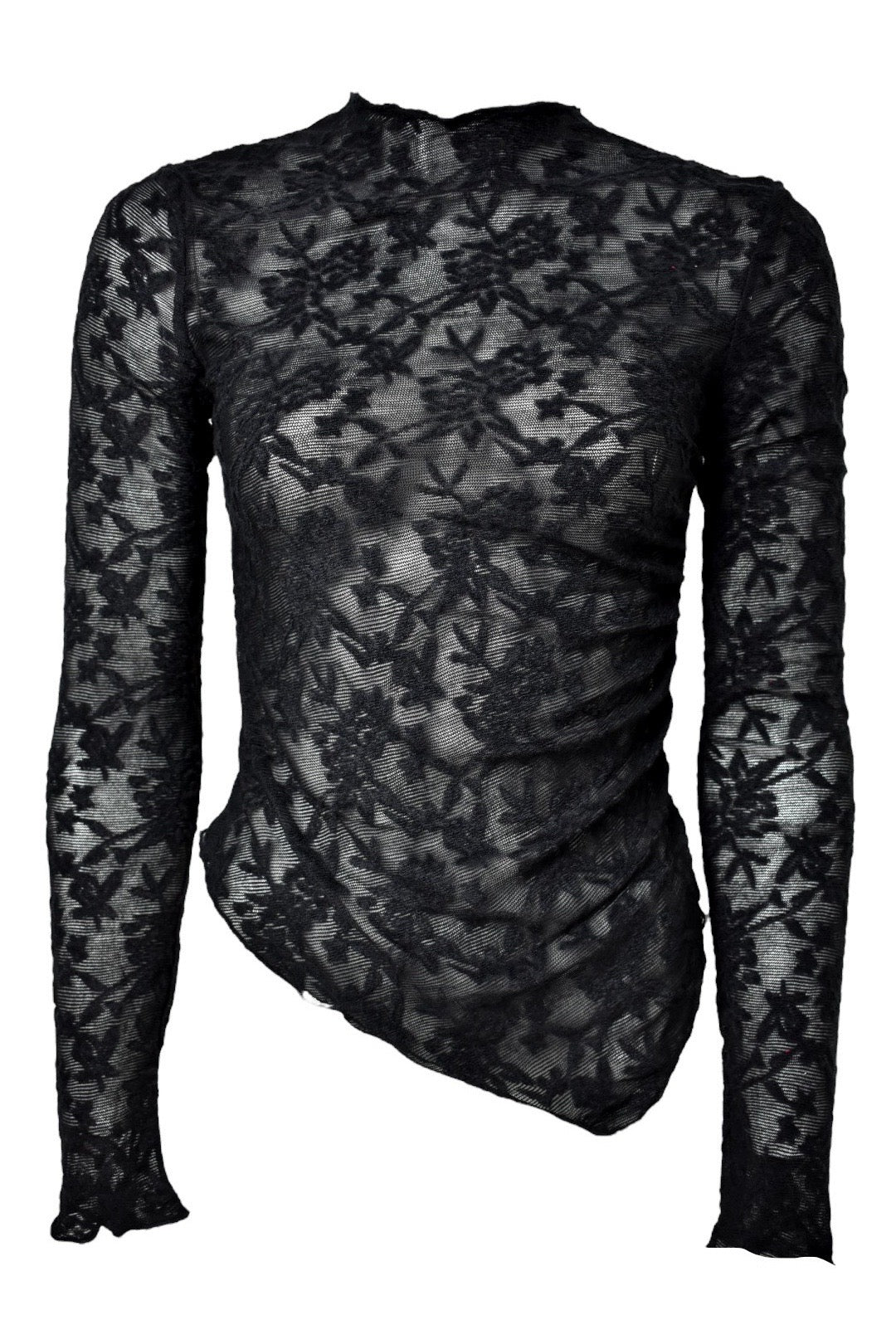 Black Floral Lace Asymmetric Top Front