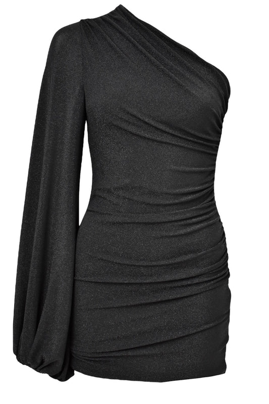 Black Glitter Ruched One Shoulder Dress