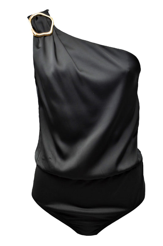 Black Gold Buckle One Shoulder Bodysuit