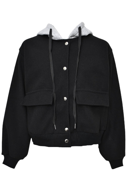 Black Hooded Bomber Jacket Front