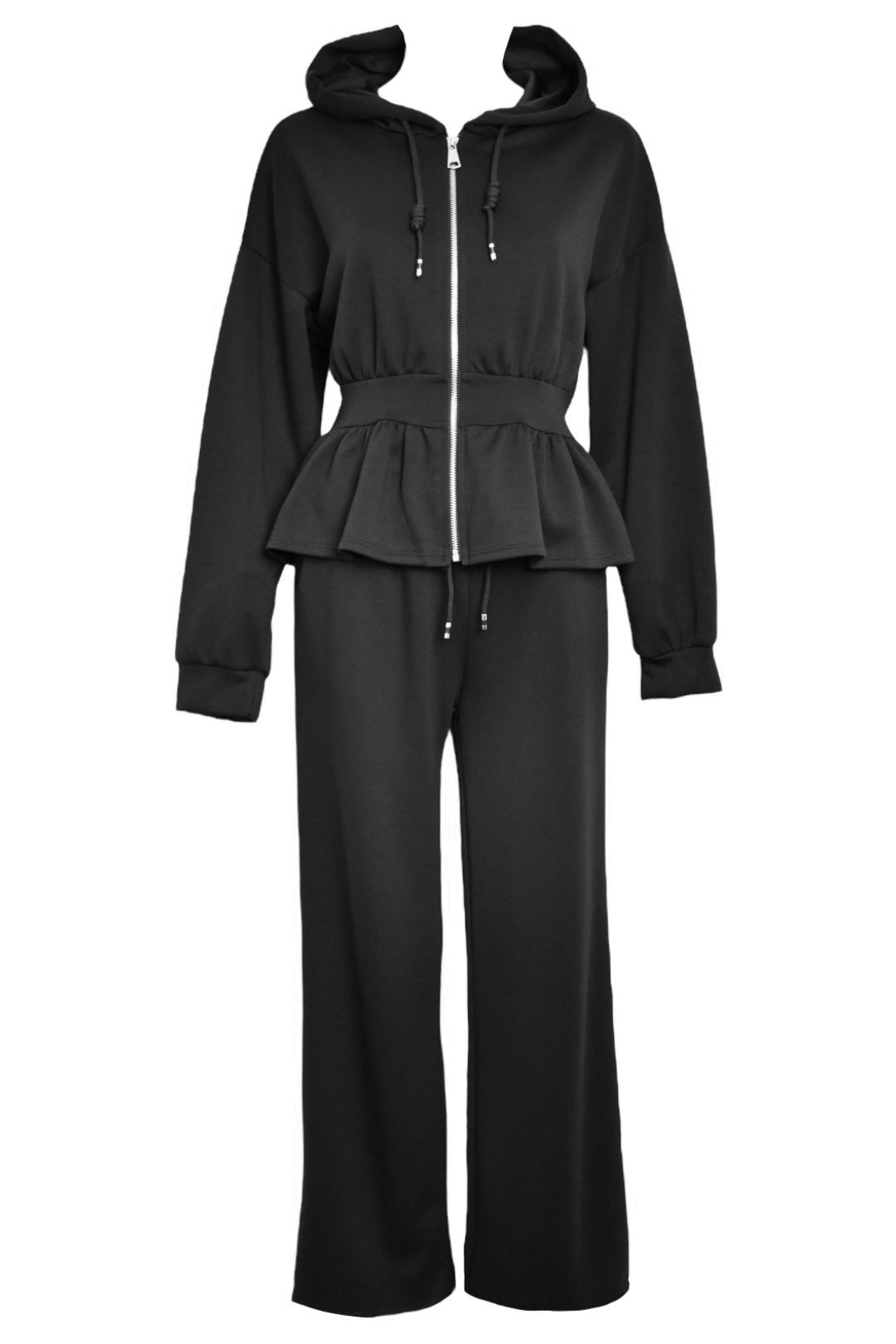 Black Peplum Jacket Wide Leg Trousers Loungesuit