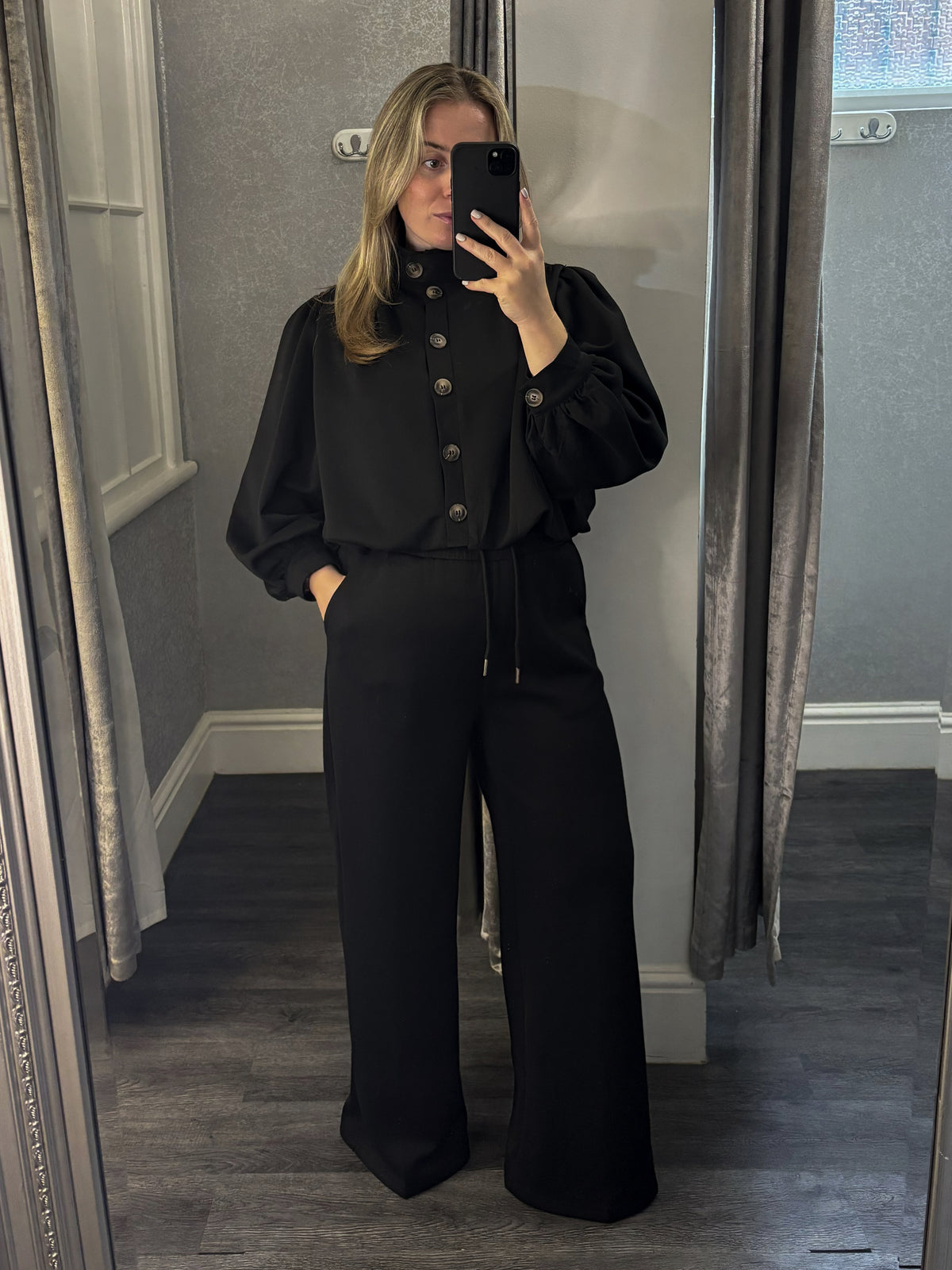Black_Pleated_Shoulder_Buttoned_Top_Trousers_Co-ord 1