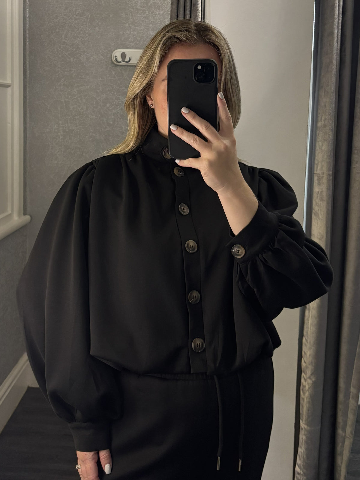 Black_Pleated_Shoulder_Buttoned_Top_Trousers_Co-ord_Close_Up 1