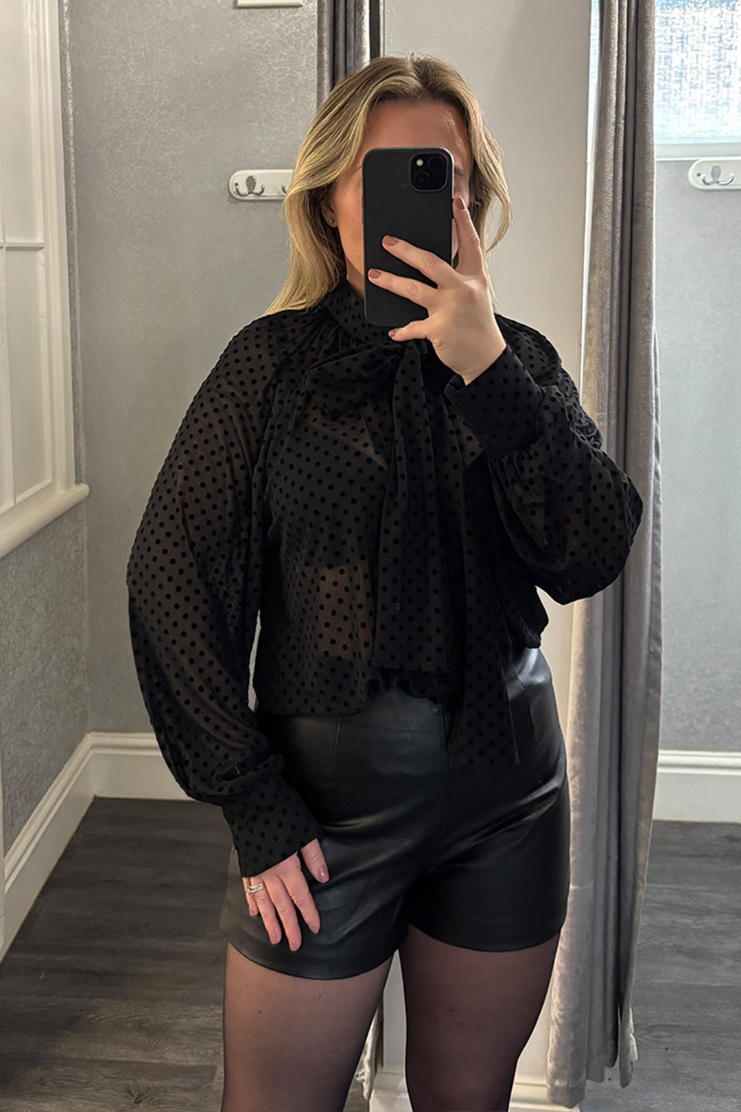 Black Polka Dot Bow Sheer Blouse