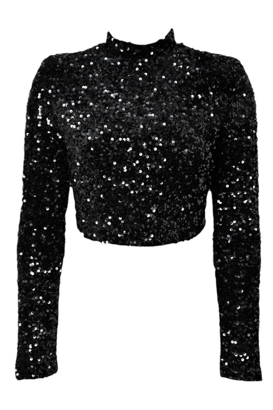 Black Sequined Long Sleeve Cropped Top