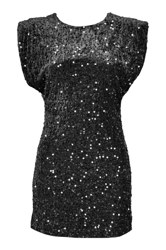 Black Sequinned Cap Sleeve Velvet Dress