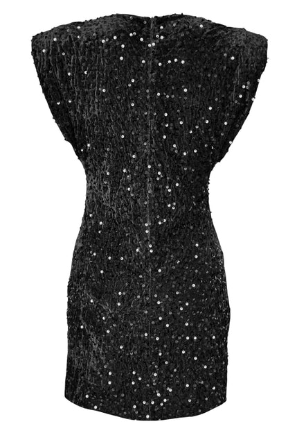 Black Sequinned Cap Sleeve Velvet Dress