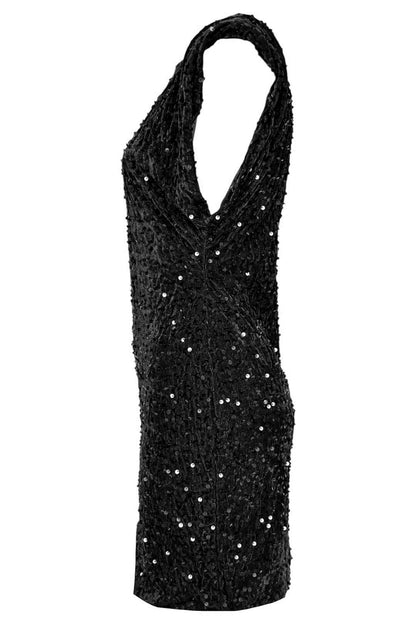 Black Sequinned Cap Sleeve Velvet Dress