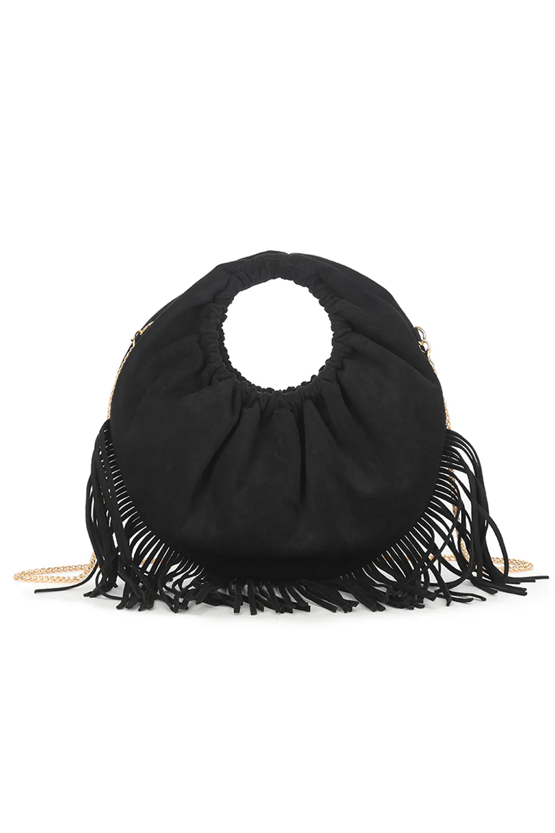Black Suede Fringed Hoop Handle Bag