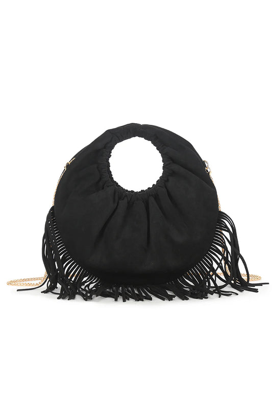 Black Suede Fringed Hoop Handle Bag