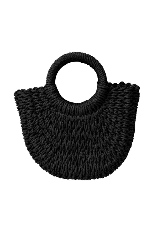 Black Woven Straw Hoop Handle Bag