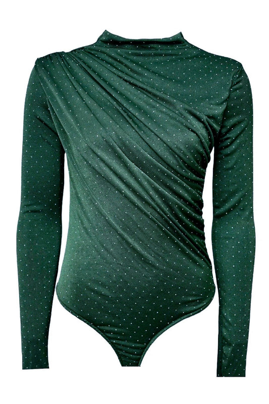 Bottle Green Diamante Ruched Long Sleeve Bodysuit