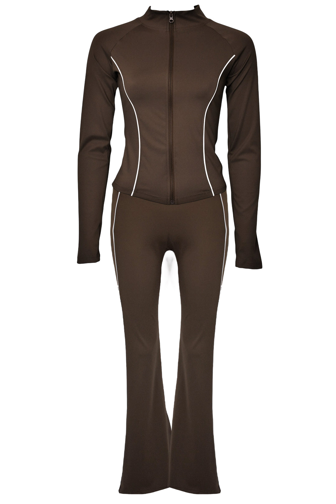 Brown Active Contrast Piping Zipped Jacket & Flares Set