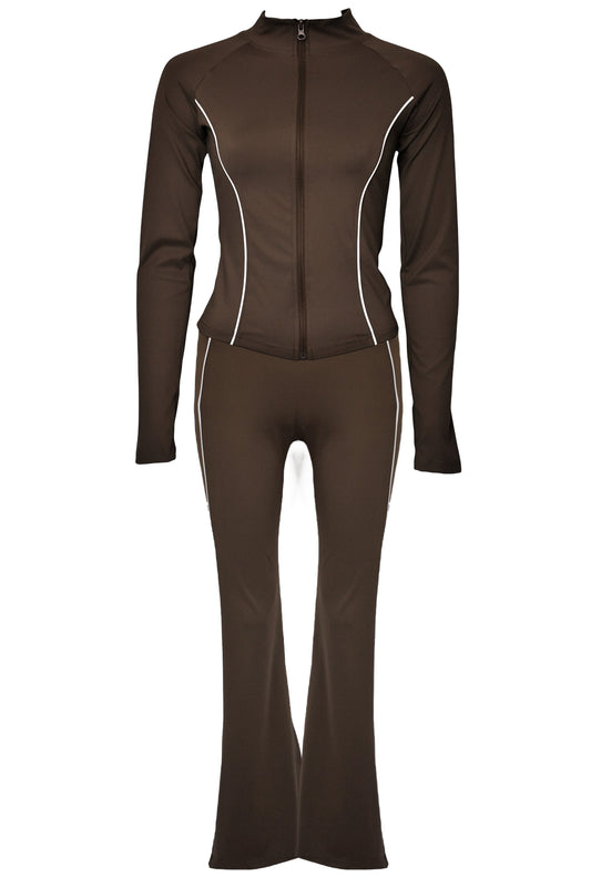 Brown Active Contrast Piping Zipped Jacket & Flares Set