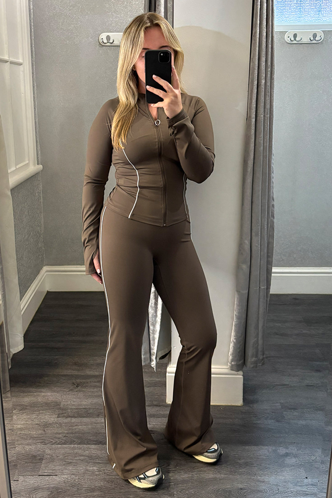 Brown Active Contrast Piping Zipped Jacket & Flares Set