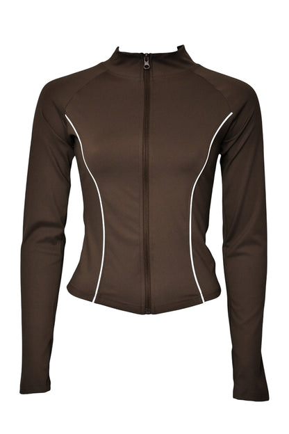 Brown Active Contrast Piping Zipped Jacket & Flares Set