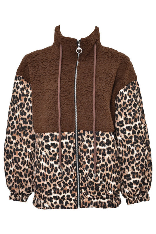 Brown Animal Print Fleece Jacket Front