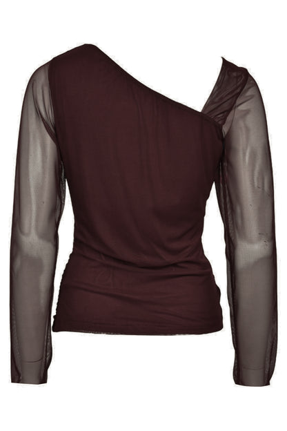 Brown Asymmetric Neck Ruched Sheer Top