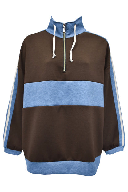Brown Contrast Stripe Quarter Zip Sweatshirt