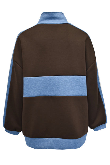 Brown Contrast Stripe Quarter Zip Sweatshirt Back